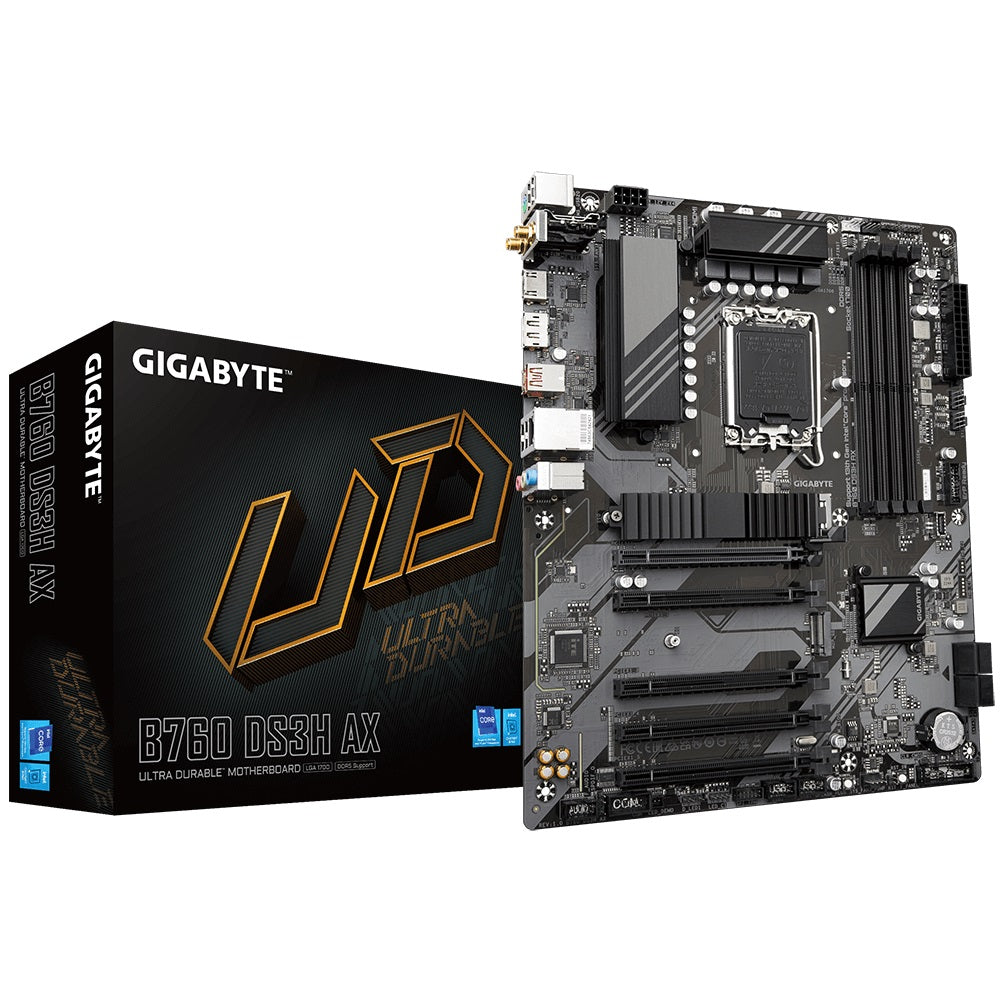 Gigabyte B760 DS3H AX Intel LGA 1700 ATX Motherboard, 4x DDR5 ~128GB, 5x PCI-E x16, 2x M.2, 4x SATA,  1x USB 3.2, 1x USB-C, 4x USB 2.0 Gigabyte B760 DS3H AX Intel LGA 1700 ATX Motherboard, 4x DDR5 ~128GB, 5x PCI-E x16, 2x M.2, 4x SATA,  1x USB 3.2, 1x USB-C, 4x USB 2.0